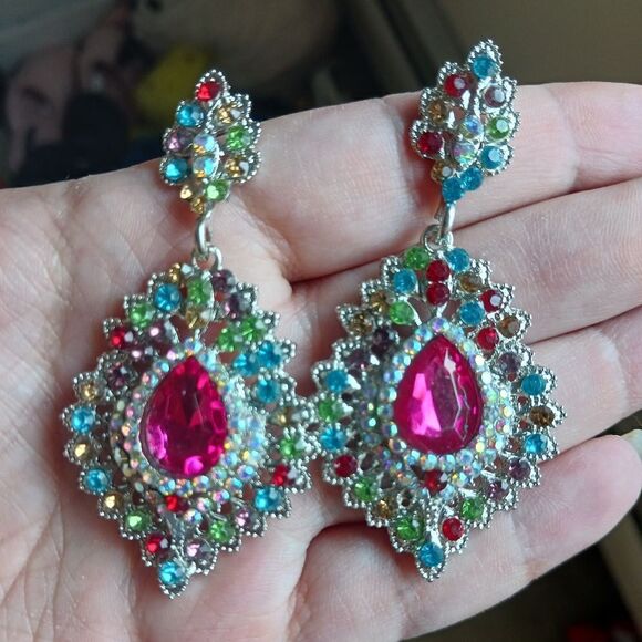 Fashion Rhinestones Multicolored Chandelier Earrings - Picture 1 of 4
